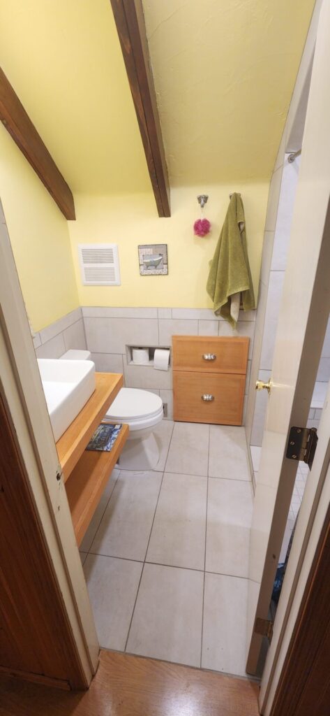 2023 remodel, multiple built ins: vanity (douglas fir and steel), tp niche, large drawers extending into crawl space, shower stall with seat and shampoo niche!