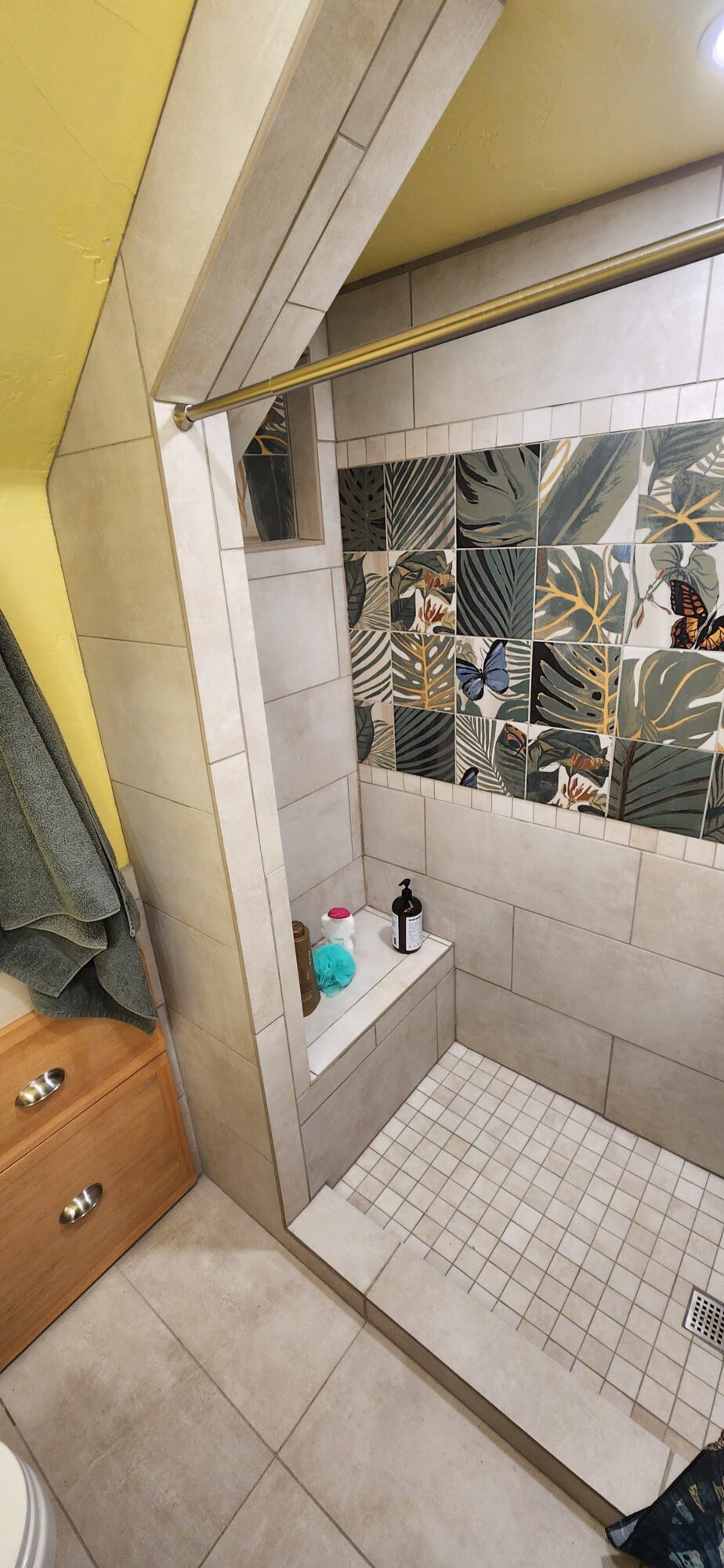 built in shower stall, seat and shampoo niche